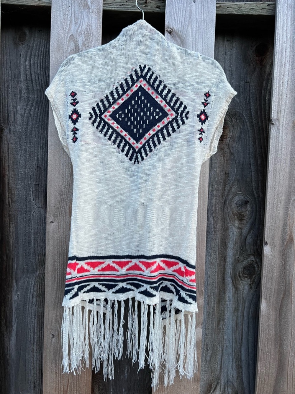 Cream Knit Fringe Vest with Navy & Coral Aztec Pattern